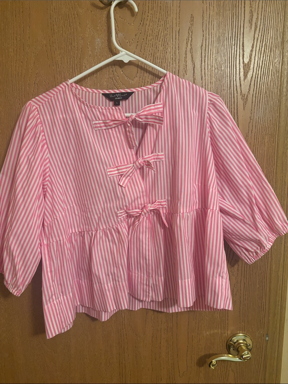 Velvet Heart Pink and White Striped Bow-Peplum Blouse